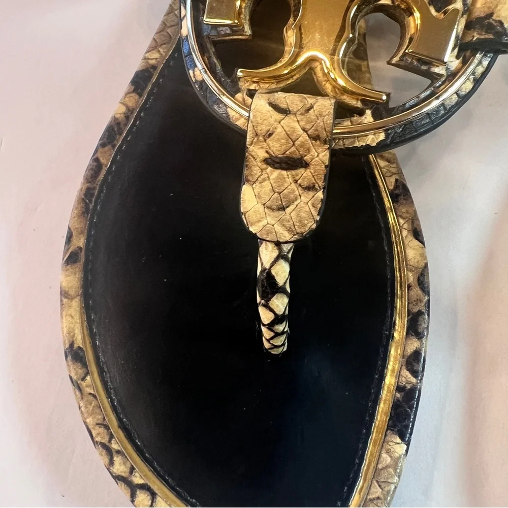 Tory Burch Miller Sandals 8M Snake Print Gold Logo Thong Flip Flop Leather - Picture 9 of 9